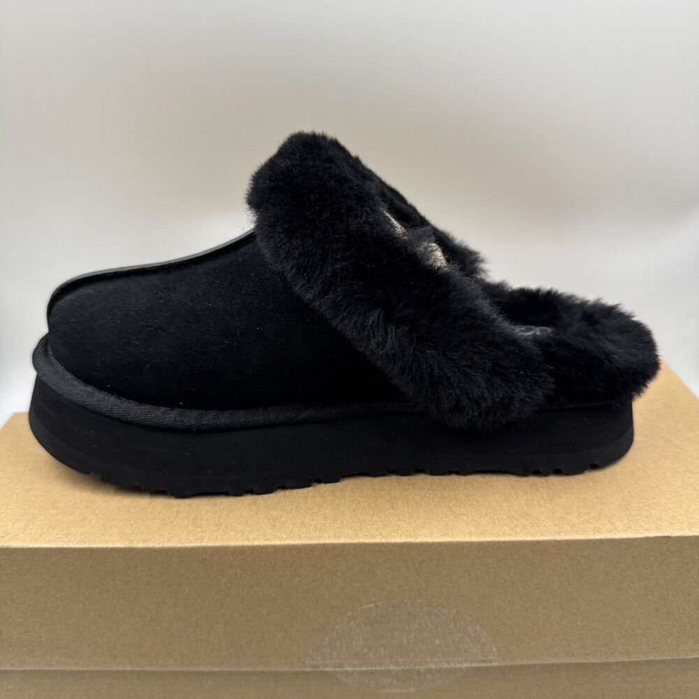 UGG Disquette Black Suede Fur Cuff Slide Platform Slipper Shoes Size 7 Women New